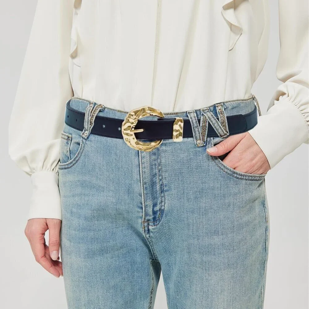 Women's Black Leather Belt For Pants Dresses Fashion Casual Waist Belt with Gold